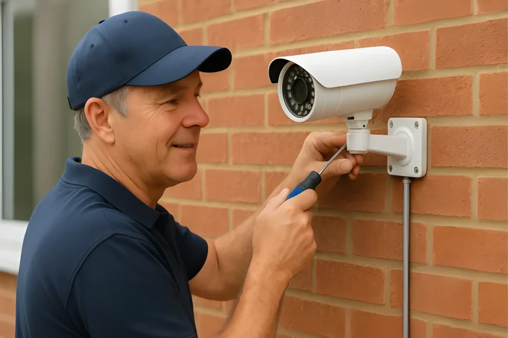 Technician installing CCTV camera on red brick wall