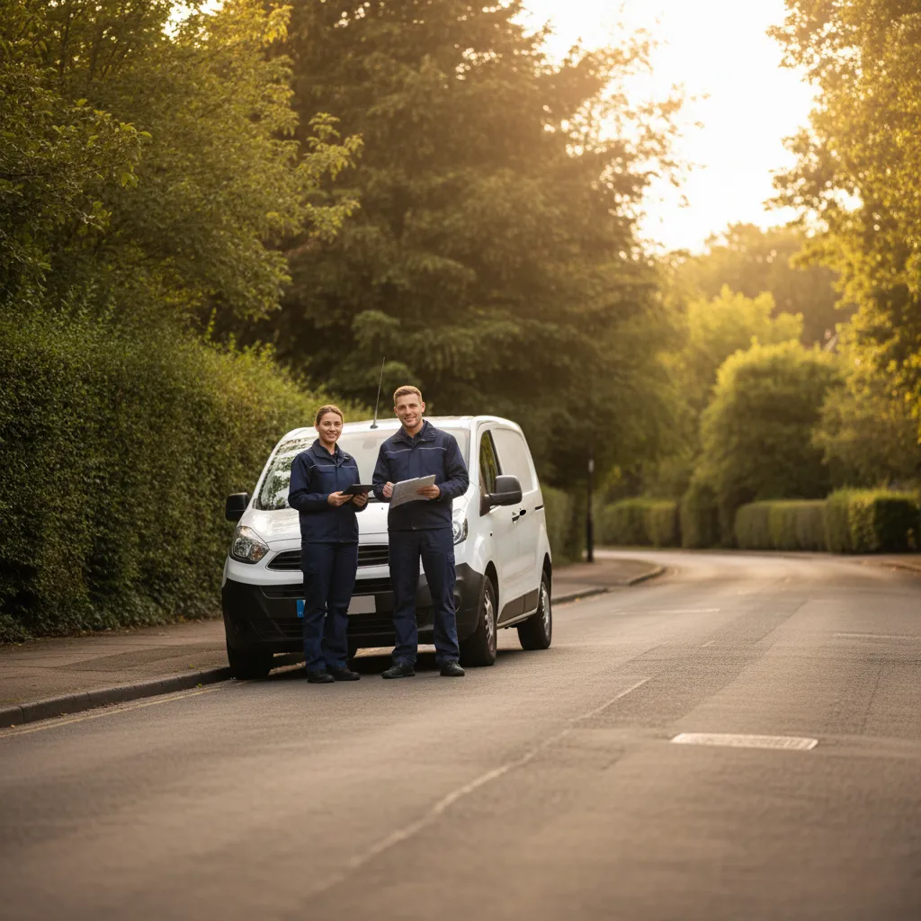 Security engineers stand by their van on a leafy Ealing road