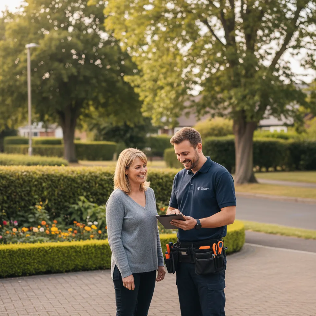 Security technician consulting with a homeowner in a Harrow garden