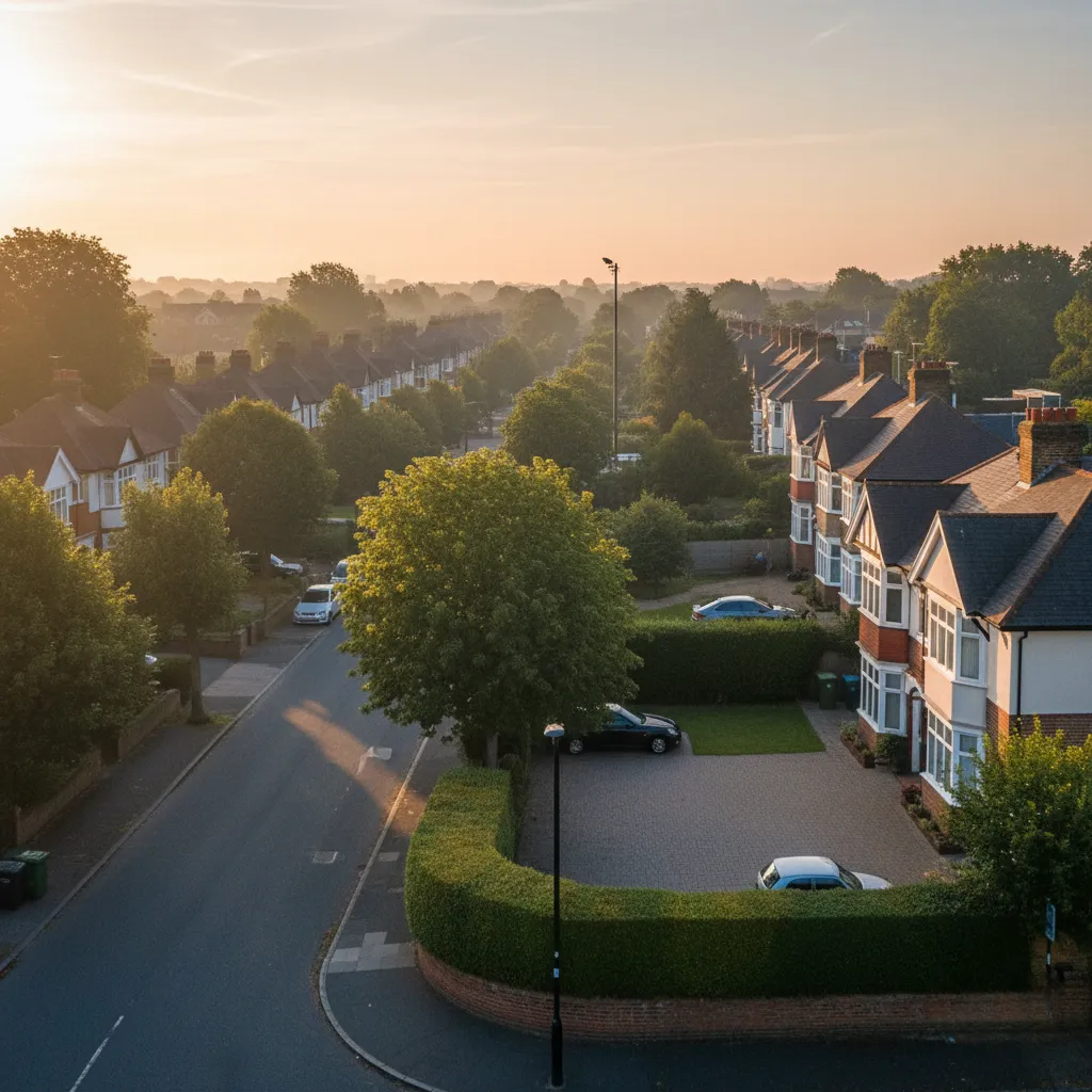 Sunrise over a tranquil Ealing residential area with homes and trees