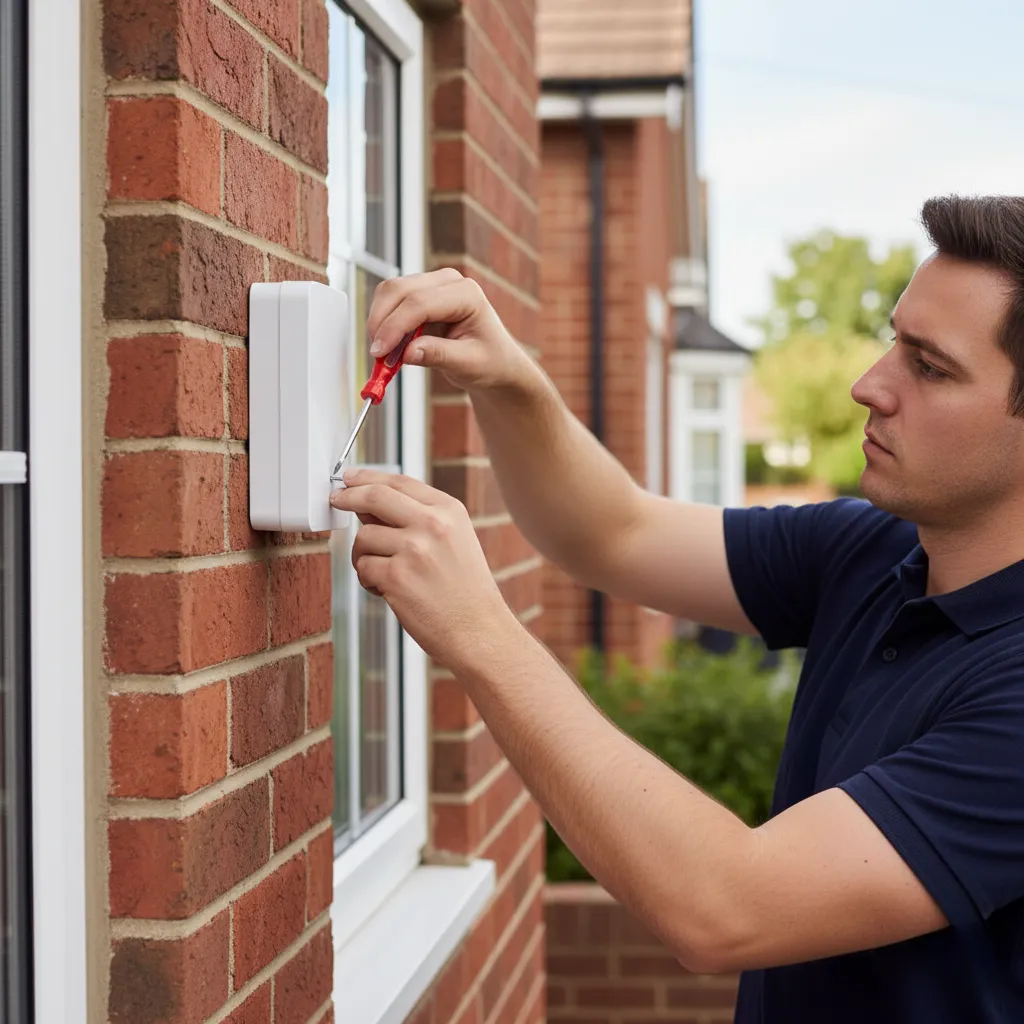 Technician carefully installs a white burglar alarm on a West London brick home
