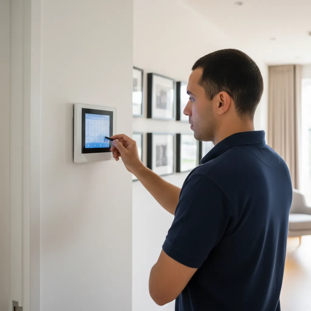 Technician configures a digital alarm control panel in a modern West London hallway