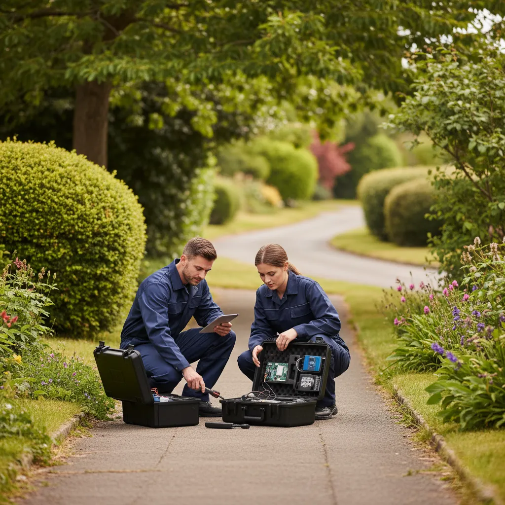 Two security installers checking equipment cases on an Ealing residential pathway