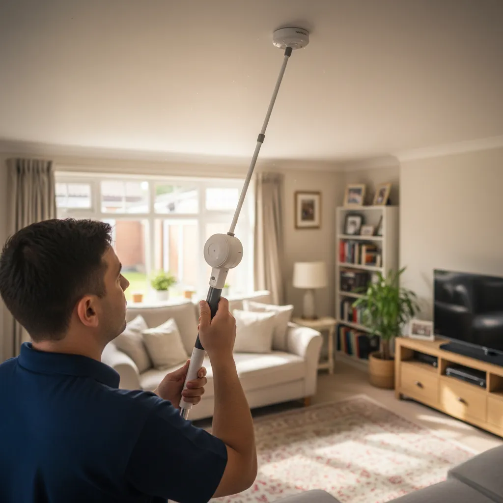 Technician tests smoke alarm in a comfortable Greenford suburban home